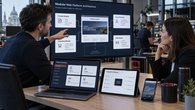 Solution architect and operations lead planning a modular business website architecture with room for future integrations and features