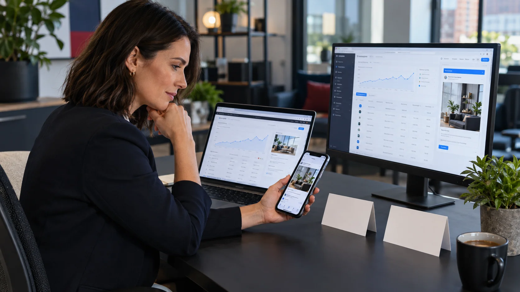 Marketing strategist and business owner comparing organic search, paid search and paid social activity across unbranded devices