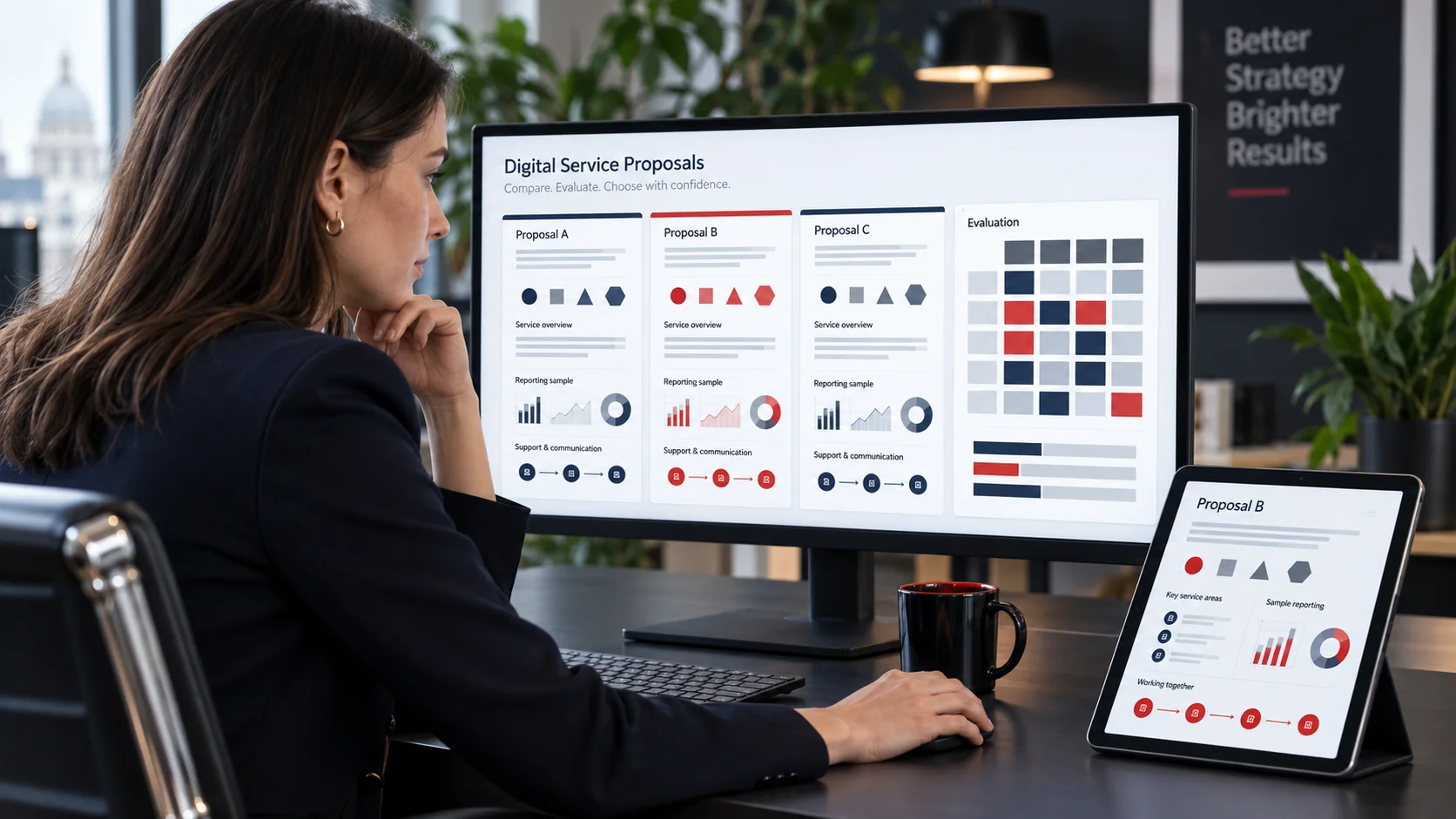 Marketing manager comparing UK digital providers by service scope, reporting, website support and account-management approach
