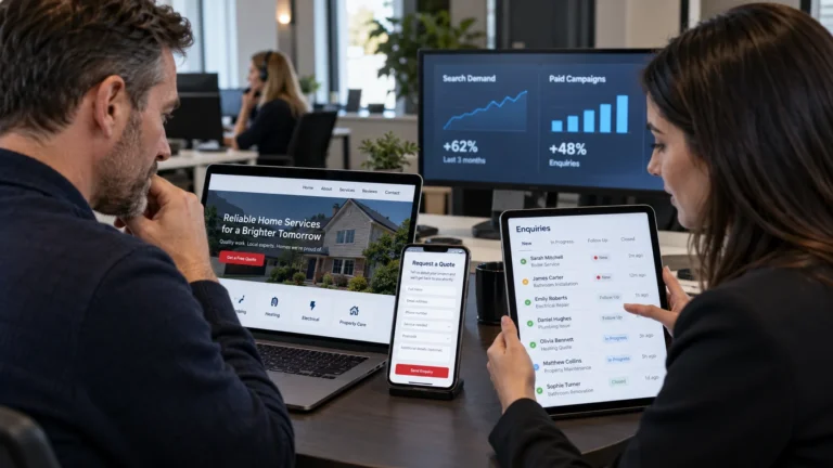 UK service business owner reviewing search demand, website enquiry flow and follow-up process with a digital specialist