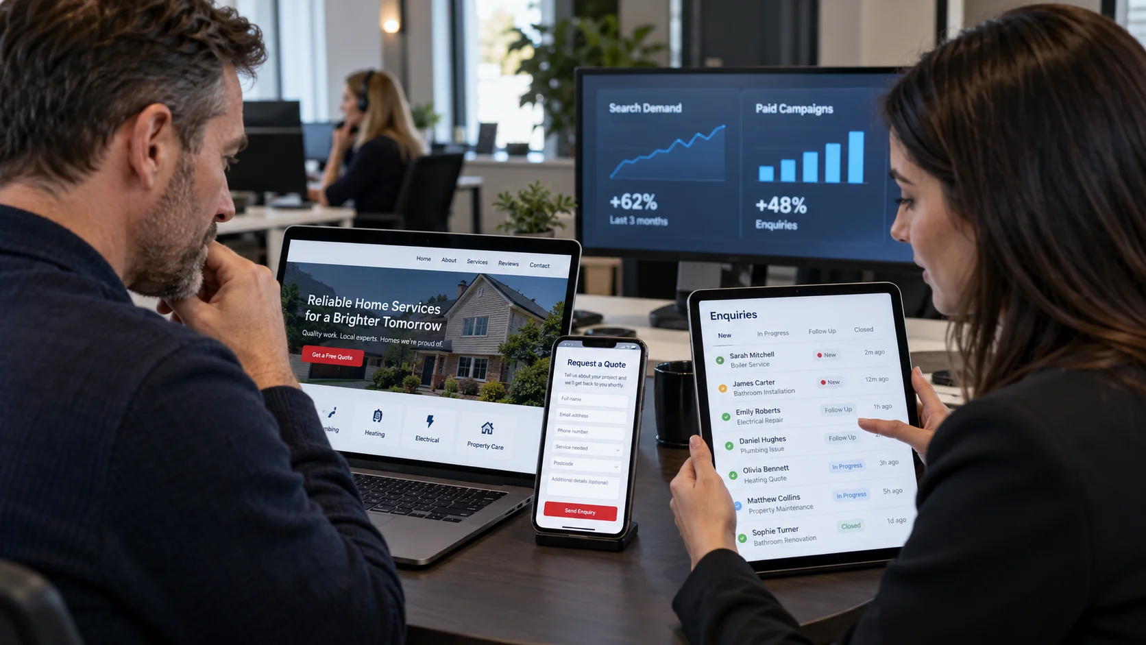 UK service business owner reviewing search demand, website enquiry flow and follow-up process with a digital specialist