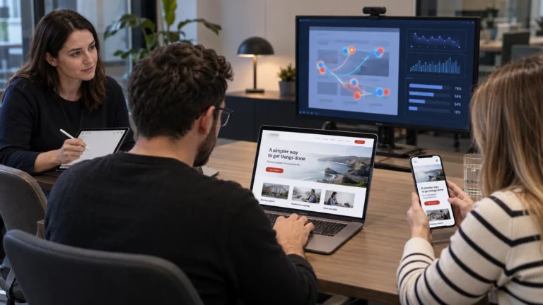 UX researcher observing users testing desktop and mobile website journeys to inform evidence-based design decisions
