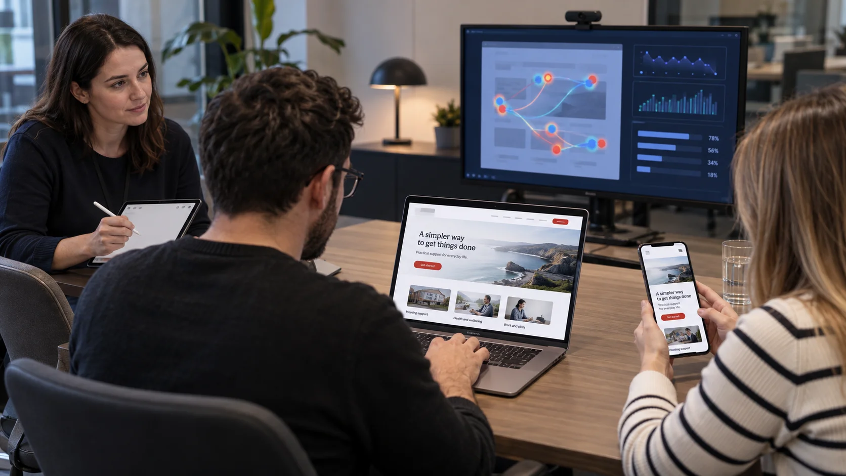 UX researcher observing users testing desktop and mobile website journeys to inform evidence-based design decisions